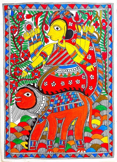 "Durga Riding A Tiger 1": Red Madhubani Traditional_Art by Heena Devi ...