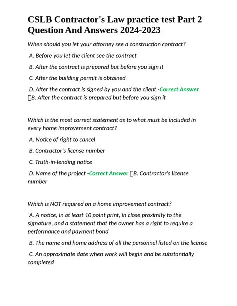 CSLB Contractor's Law practice test Part 2 Question And Answers 2024 ...