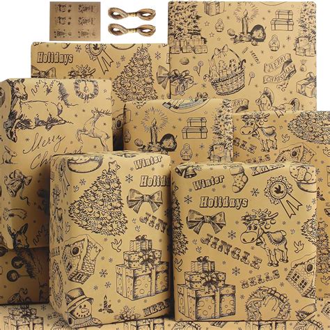 Vintage Christmas Wrapping Paper Set Natural Kraft Thick Retro Wrapping ...