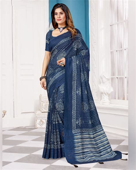Vishal Prints Navy Blue Poly Cotton Digital Print Saree With Fancy Bor