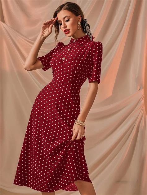 Fake Button Front Polka Dot Puff Sleeve Dress Without Belt | SHEIN USA