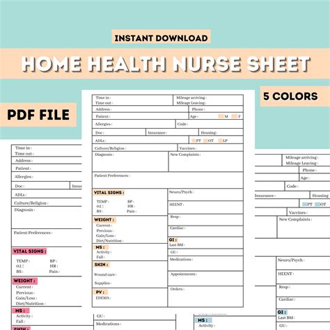Home Health Nurse Sheet Template ,home Health Care Sheet, Nurse Report Sheet, Home Health Notes ...