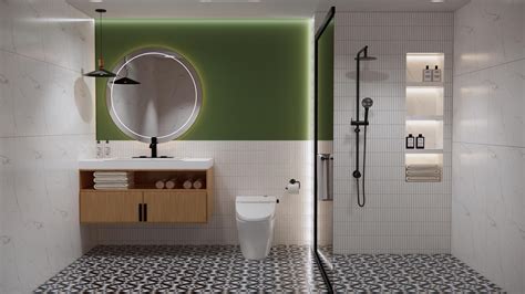 Modern Bathroom with Green Accent Wall and Geometric Flooring