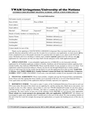 Fillable Online Ywam Livingstone 2010 to 2013 Application Form Fax ...