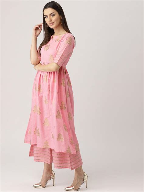 Buy Pink Printed Cotton Anarkali Kurta With Palazzos Online at Rs.1121 ...