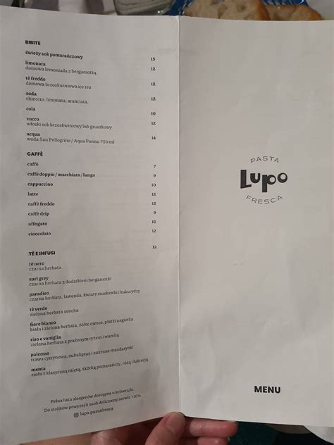 Menu at Lupo Pasta Fresca restaurant, Warsaw