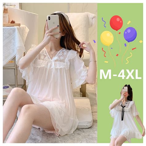 M-4XL Plus Size Pyjamas Women Lace Mesh Pajamas Set Summer Short Sleeve ...