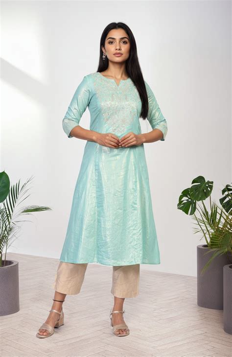 Buy Sea Green Embroidered A-Line Cotton Kurta Online for Woman | Shop ...