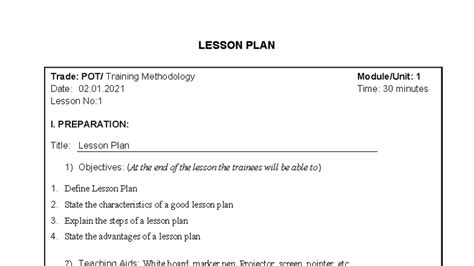 POT 101: Lesson Plan 1 - Training Methodology Overview - Studocu