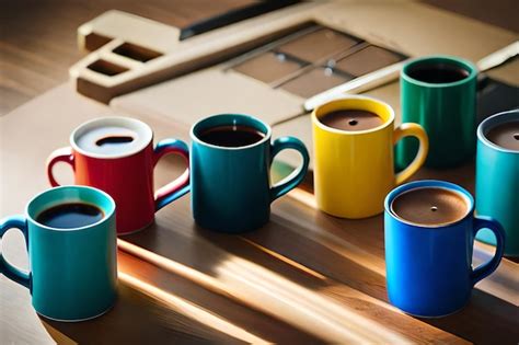A row of colorful mugs on a counter with the sun shining through the ...