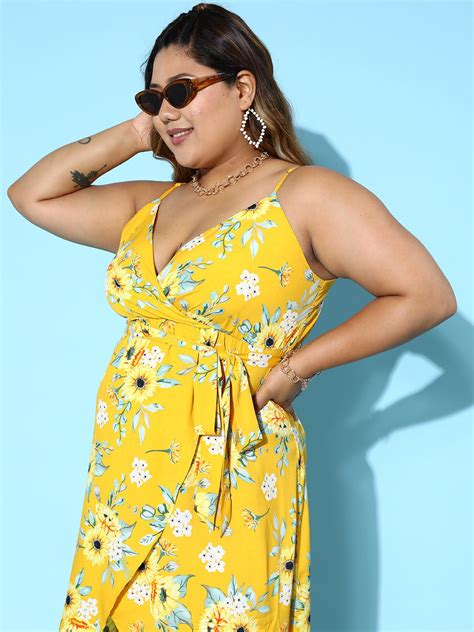 Women Plus Size Yellow & White Floral Printed V-Neck Tie-Up Waist High ...