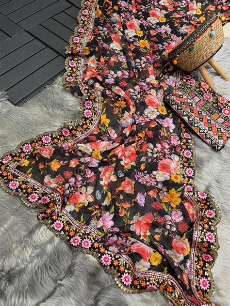 Enchanting Black Georgette Designer Saree with Floral Digita