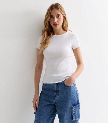 White Soft Stretch-Cotton Frill-Trim T-Shirt | New Look