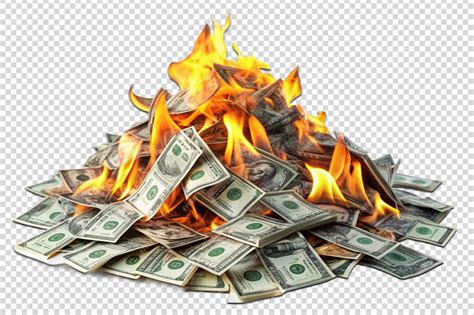 Inflation or burning money concept with pile of dollar bills on fire ...