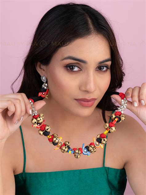 MAURYANA - Colorful fabric and bells necklace set with earrings - adju