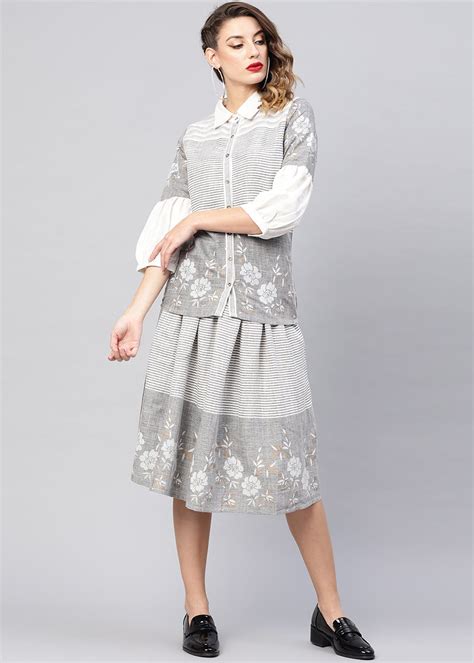 Get Floral & Striped Shirt With Pleated Skirt Set at ₹ 1399 | LBB Shop