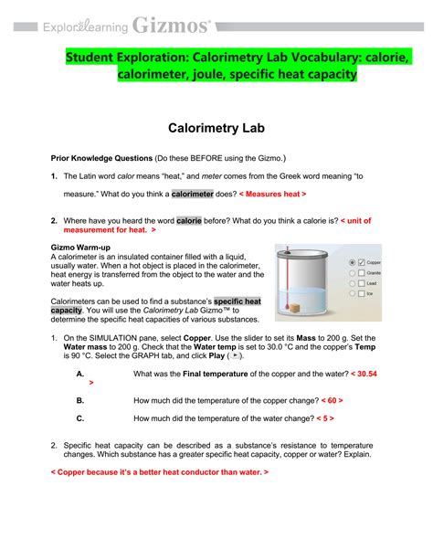 SOLUTION: Student exploration calorimetry lab vocabulary calorie ...