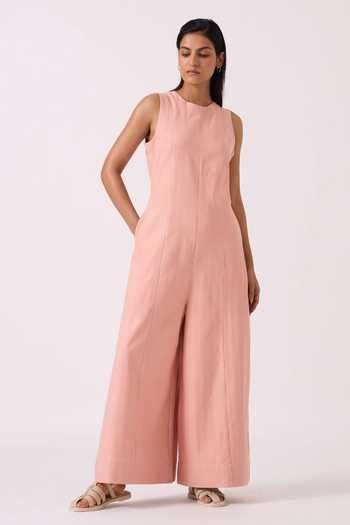 Buy Pink Handloom Cotton, Twill Round Neck Vronsky Handwoven Jumpsuit ...