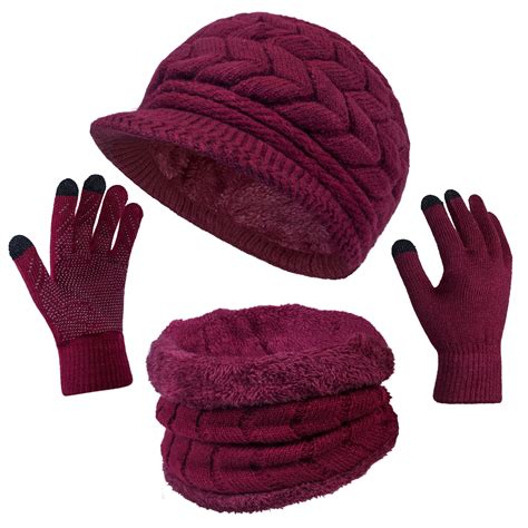 Loritta 3 Pieces Women Winter Hat Fleece Scarf Set, Knit Beanie ...