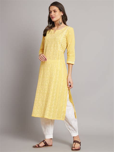 Yellow A-line Chikankari Kurta – akheri