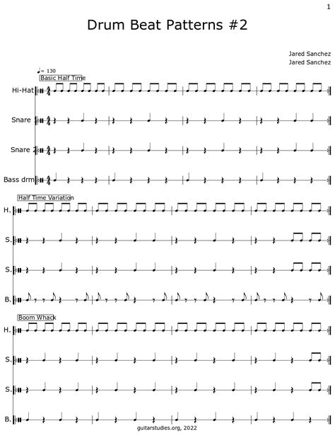 Drum Beat Patterns #2 - Sheet music for Closed Hi-hat, Marching Snare ...