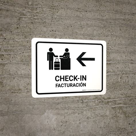 Check In With Left Arrow White Bilingual Spanish Landscape - Wall Sign