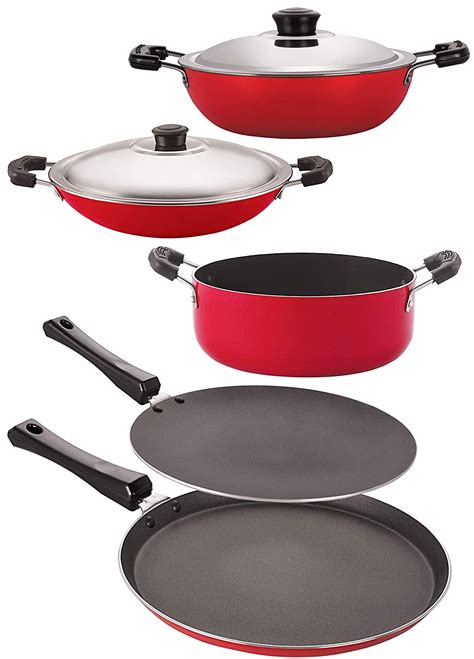 Buy Nirlon Non-Stick Aluminium Cookware Set, 5-Pieces, Red and Black (2 ...