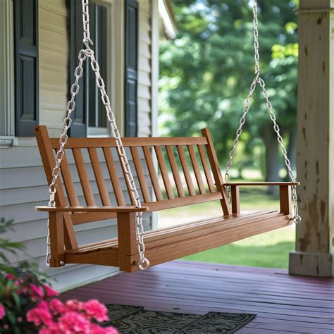 Veikous Wooden 3-Seat Patio Garden Porch Swing Bench with Chains ...