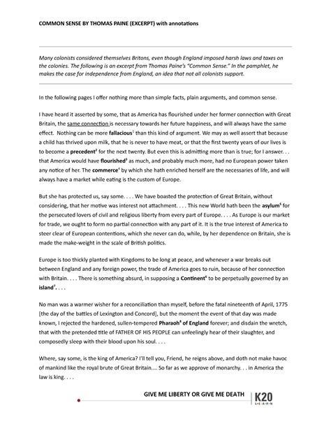 Common Sense Excerpt - COMMON SENSE BY THOMAS PAINE (EXCERPT) with ...