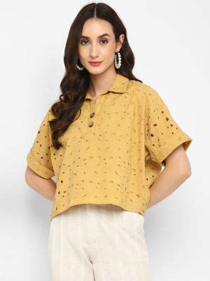 Buy Taurus Mustard Embroidered Schiffli Crop Top For Women Online