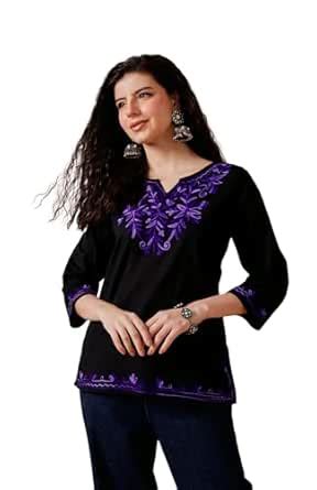 Buy FEMBLISS Women Pure Cotton Floral Embroidered Kurti with Notch Neck ...