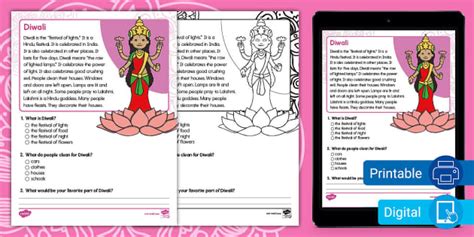 First Grade Diwali Reading Passage Comprehension Worksheet