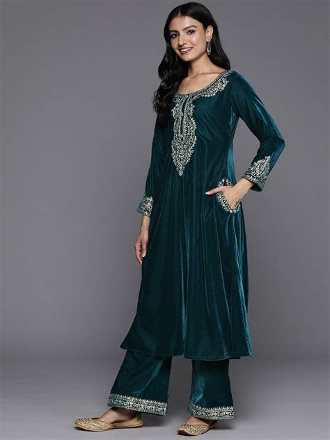 Buy Teal Yoke Design Velvet A-Line Kurta With Palazzos & Dupatta Online ...
