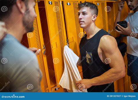 Young Men in the Locker Room, Having a Conversation Together before ...