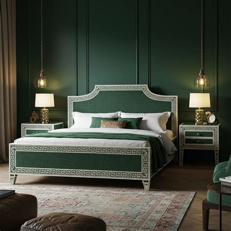 Luxurious Greek Key Upholstered King Bed with Matching Nightstands ...