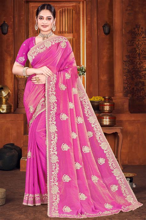 Exclusive Magenta Floral Zari Embroidered Organza Satin Silk Saree Wit