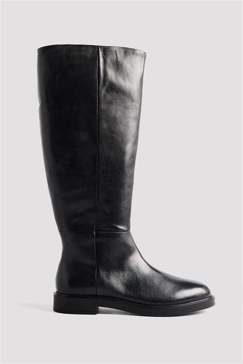Flat Knee High Leather Boots Black | NA-KD
