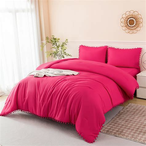 Amazon.com: PERFEMET 5-Piece Hot Pink Comforter Sets Twin Size Pom Pom ...