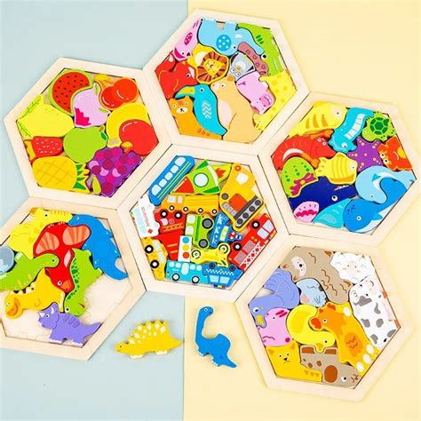 3D Hexagon Puzzle Board Wooden Cartoon - MyLittleTales