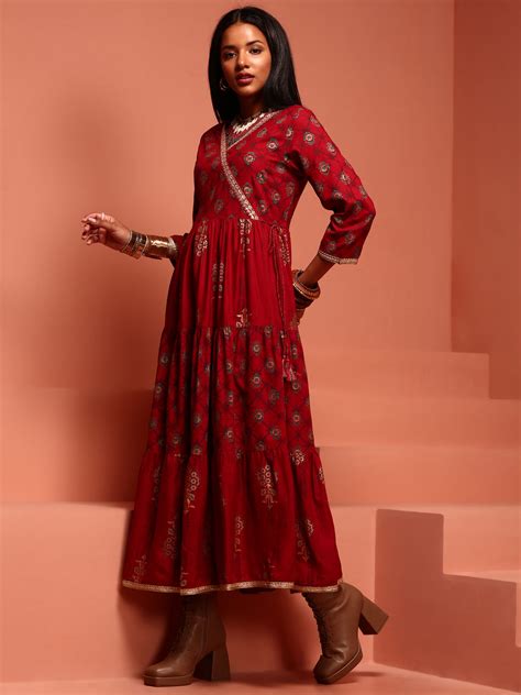 Red Tiered Rayon Printed Dress – Imara