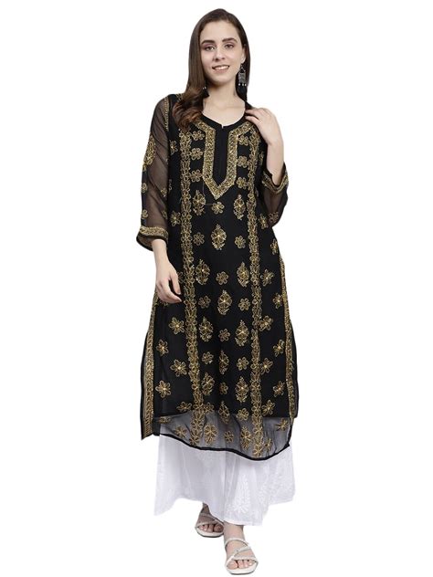 Buy Seva Chikan Hand Embroidered Lucknowi Chikankari Black Georgette ...