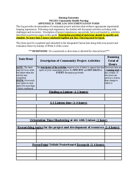 Herzing University Health Nursing APPENDIX D: Time Log Form SP24 - Studocu