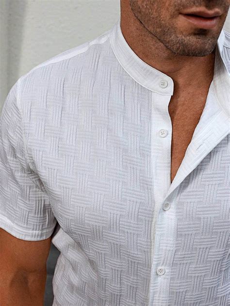 Men Stand Collar White Slight Stretch Textured Shirt – Roar Fox