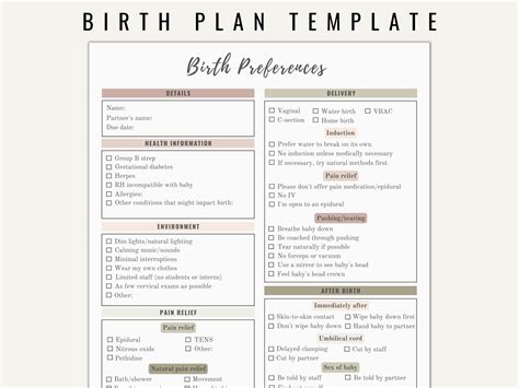 Printable Editable Birth Plan Birth Preference Template - Etsy Australia