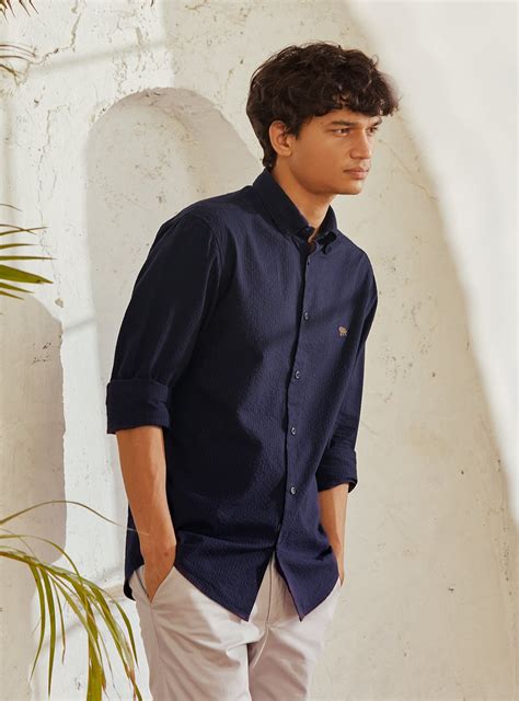 Buy Mirage Seersucker Shirt | Casual Navy Solid Shirts for Men Online ...