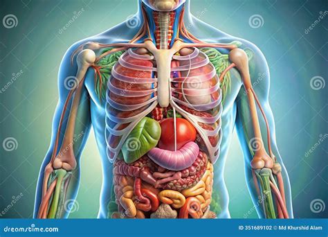 Vivid Cross Section Illustration of the Human Torso Highlighting Internal Organs, Bones, and ...