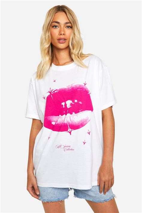 Pink Lips Printed Oversized Tshirt | boohoo UK