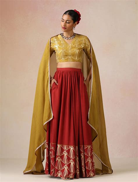 trueBrowns Mustard Gold Foil Print Muslin Silk Blouse Skirt Dupatta Se