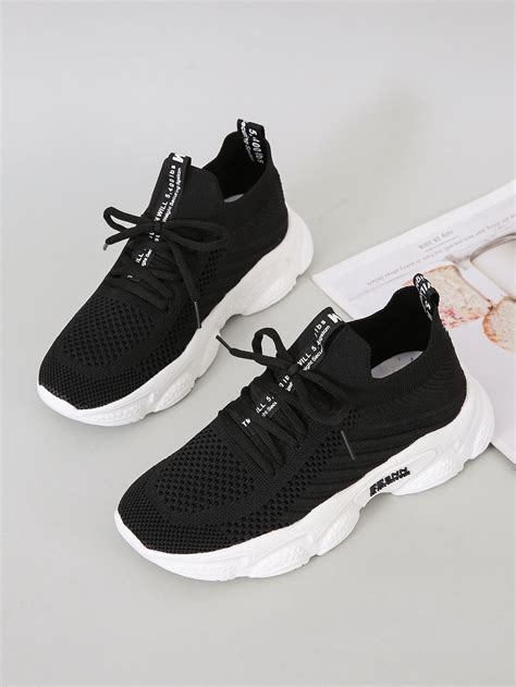 Women's Black Running Shoes With Lace Decoration And Breathable Design ...