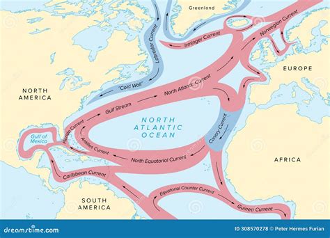 Map of North Atlantic Ocean Currents, with Gulf Stream and Other ...